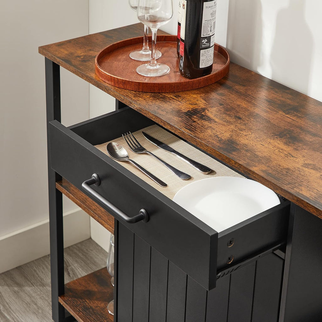 Rustic Brown and Black Steel Frame Buffet Cabinet with Drawer and Shelves T49802