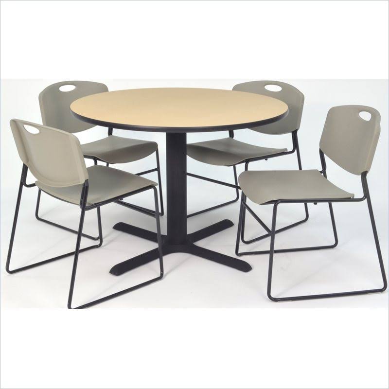 Beige Square Breakroom Table with 4 Grey Stack Chairs D2857